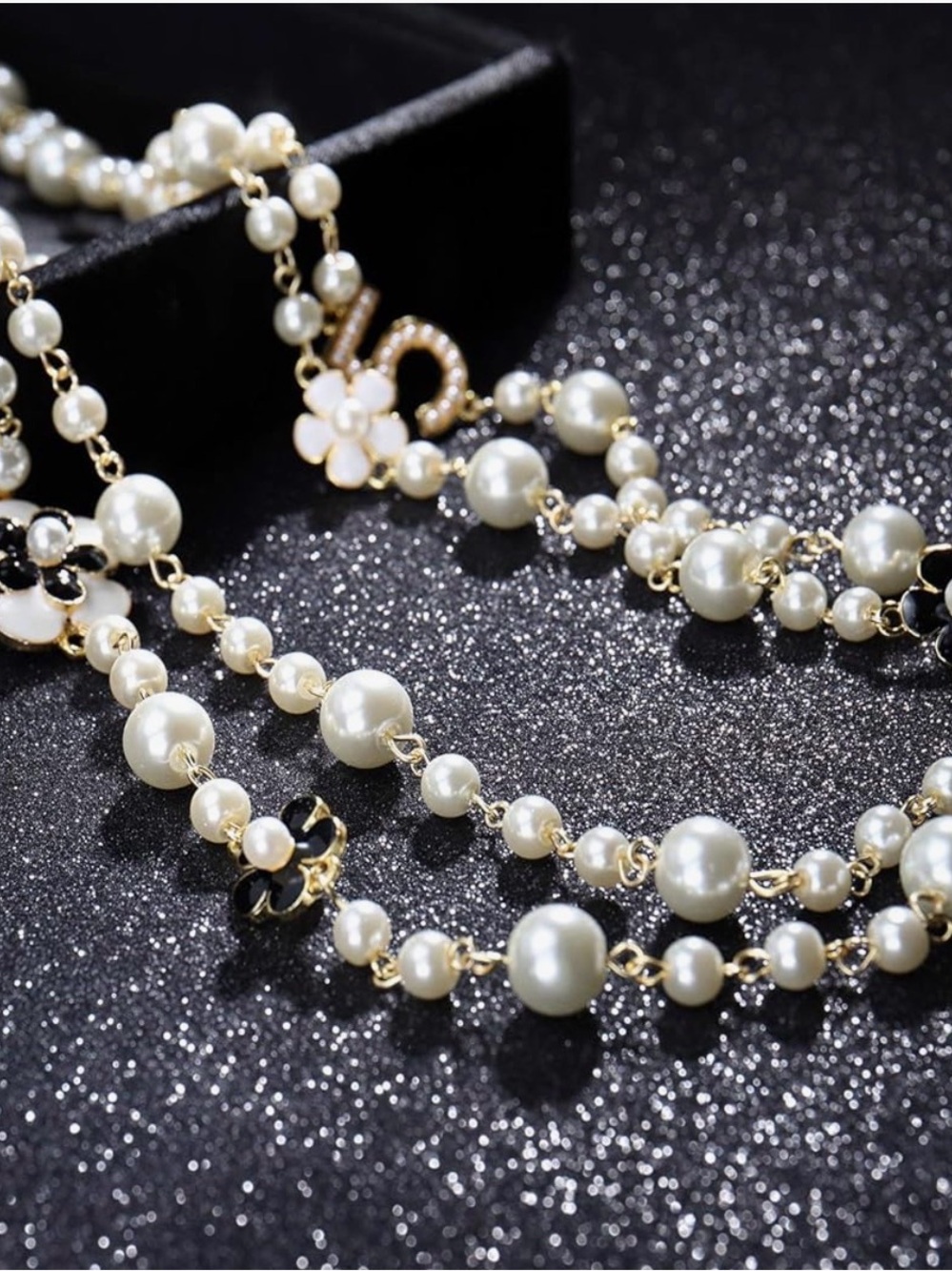 Elegant Pearl Long Necklace with Flower Accents - Cream - Picture 5 of 5